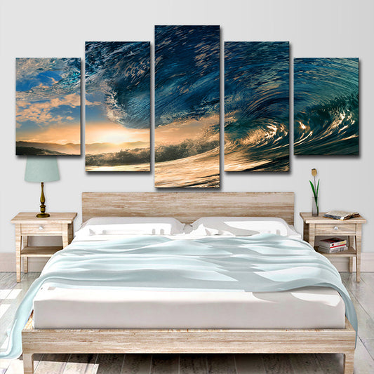 Surge and Sunset View Canvas Tropical Multi-Piece Wall Art Print in Blue for Bedroom Clearhalo 'Art Gallery' 'Canvas Art' 'Coastal Art Gallery' 'Nautical' Arts' 1616715