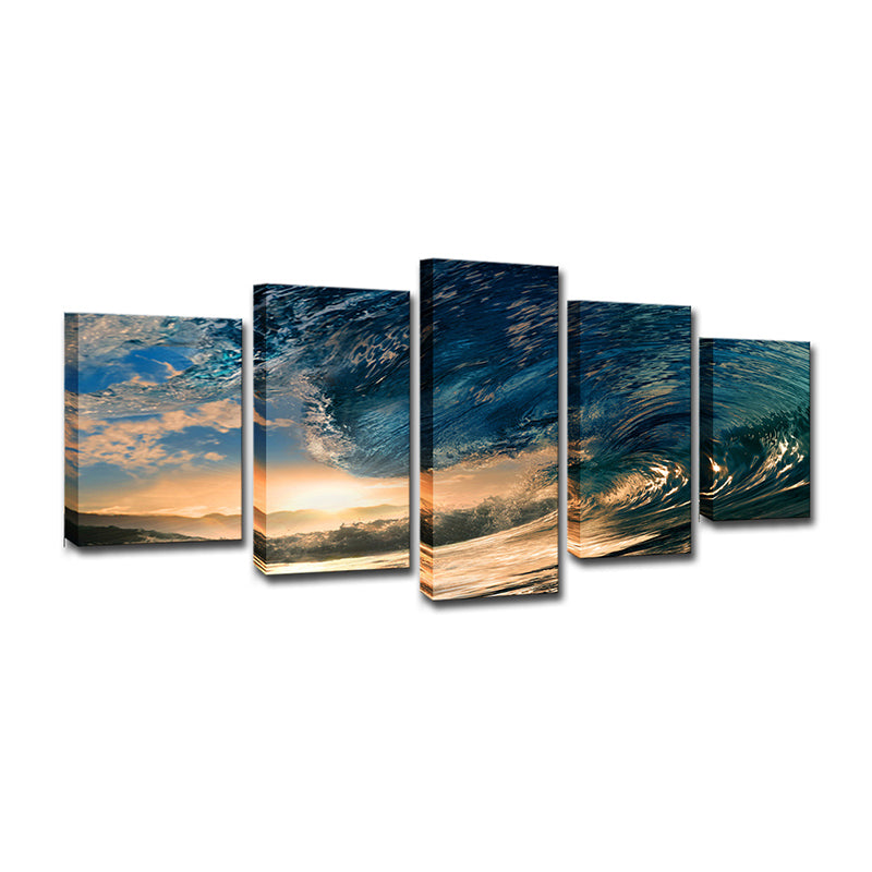 Surge and Sunset View Canvas Tropical Multi-Piece Wall Art Print in Blue for Bedroom Clearhalo 'Art Gallery' 'Canvas Art' 'Coastal Art Gallery' 'Nautical' Arts' 1616716