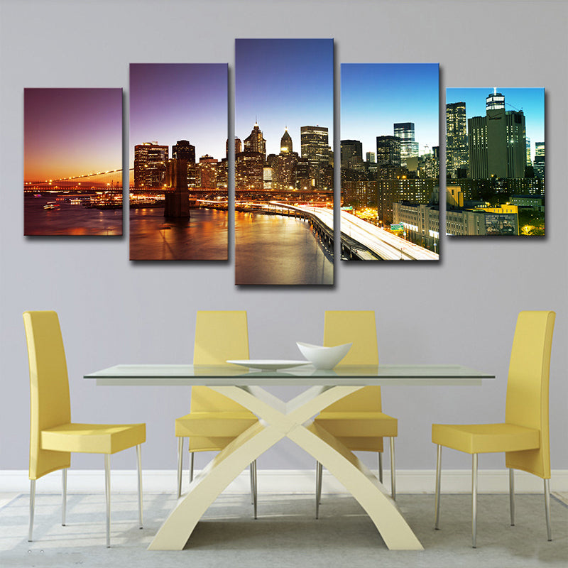 Nightfall Manhattan Bridge Canvas Print Global Inspired Enchanting Cityscape Wall Art in Grey Clearhalo 'Art Gallery' 'Canvas Art' 'Contemporary Art Gallery' 'Modern' Arts' 1616721