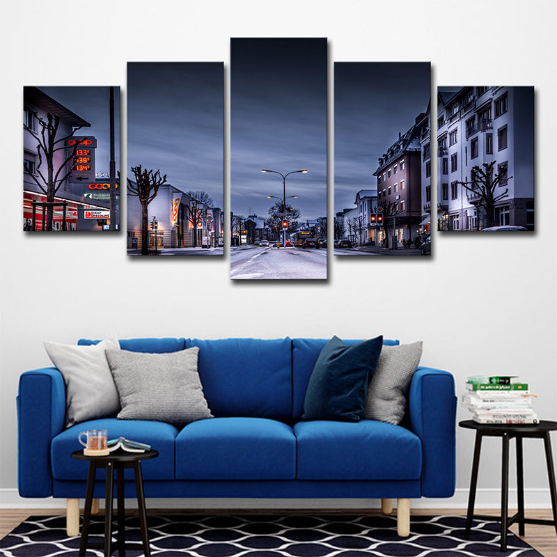 Winter City Street Canvas Art Contemporary Multi-Piece Wall Decoration in Dark Blue Clearhalo 'Art Gallery' 'Canvas Art' 'Contemporary Art Gallery' 'Modern' Arts' 1616742