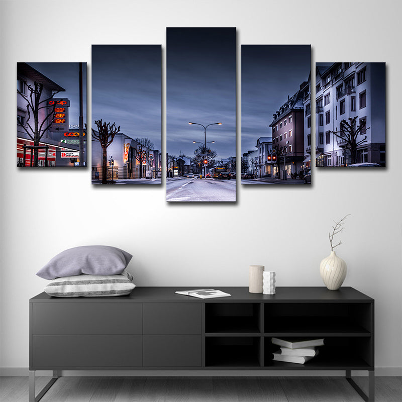 Winter City Street Canvas Art Contemporary Multi-Piece Wall Decoration in Dark Blue Clearhalo 'Art Gallery' 'Canvas Art' 'Contemporary Art Gallery' 'Modern' Arts' 1616743