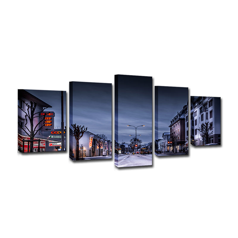 Winter City Street Canvas Art Contemporary Multi-Piece Wall Decoration in Dark Blue Clearhalo 'Art Gallery' 'Canvas Art' 'Contemporary Art Gallery' 'Modern' Arts' 1616744