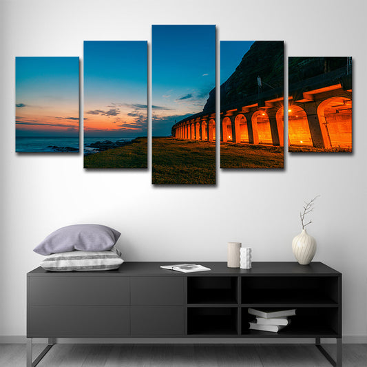 Blue Sunset Landscape Wall Art Decor Arched Architecture Modern Multi-Piece Canvas Clearhalo 'Art Gallery' 'Canvas Art' 'Coastal Art Gallery' 'Nautical' Arts' 1616749