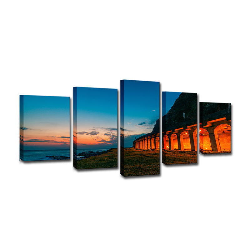 Blue Sunset Landscape Wall Art Decor Arched Architecture Modern Multi-Piece Canvas Clearhalo 'Art Gallery' 'Canvas Art' 'Coastal Art Gallery' 'Nautical' Arts' 1616751