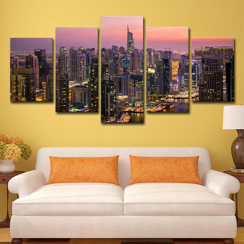Urban Dubai Night Cityscapes Canvas Purple Multi-Piece Wall Art for Corridor Clearhalo 'Art Gallery' 'Canvas Art' 'Contemporary Art Gallery' 'Modern' Arts' 1616763