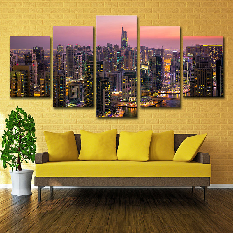 Urban Dubai Night Cityscapes Canvas Purple Multi-Piece Wall Art for Corridor Clearhalo 'Art Gallery' 'Canvas Art' 'Contemporary Art Gallery' 'Modern' Arts' 1616764