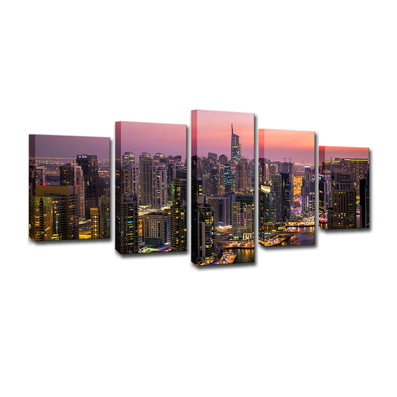 Urban Dubai Night Cityscapes Canvas Purple Multi-Piece Wall Art for Corridor Clearhalo 'Art Gallery' 'Canvas Art' 'Contemporary Art Gallery' 'Modern' Arts' 1616765