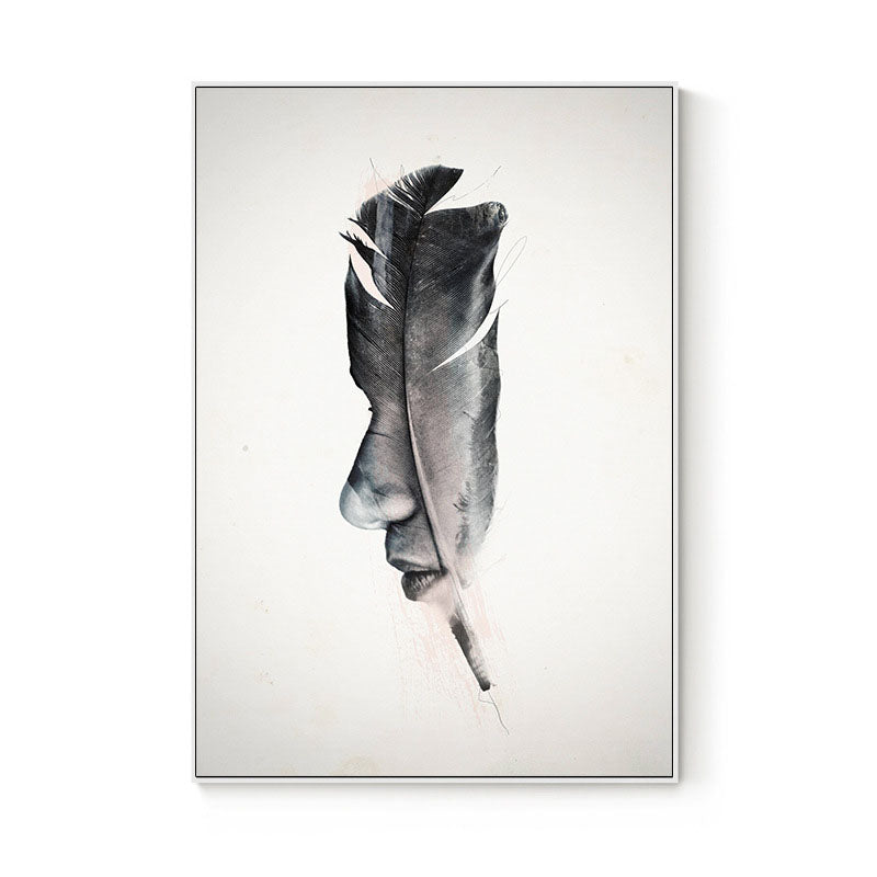 Minimalistic Feather Figure Art Print Canvas Textured Black and White Wall Decor Clearhalo 'Art Gallery' 'Canvas Art' 'Contemporary Art Gallery' 'Contemporary Art' 'Minimalism' 'Minimalist Art Gallery' 'Scandinavian' Arts' 1616779