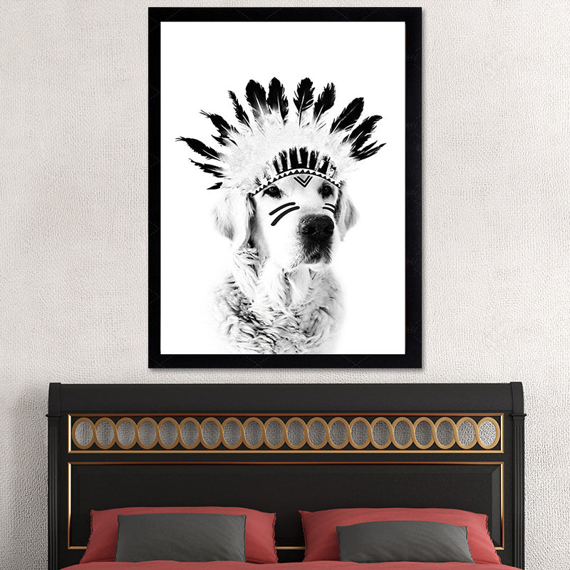 Indian Dog Pet Canvas Farmhouse Textured Wall Art in Black and White for Kids Room White Clearhalo 'Art Gallery' 'Canvas Art' 'Country Art Gallery' 'French Country' 'Rustic' Arts' 1616832