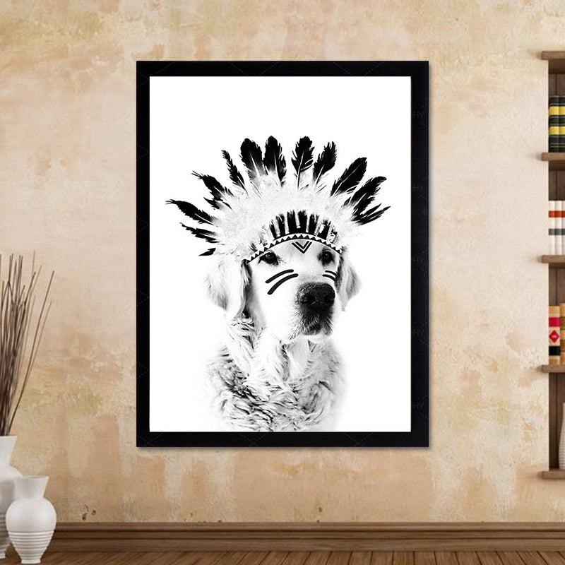 Indian Dog Pet Canvas Farmhouse Textured Wall Art in Black and White for Kids Room Clearhalo 'Art Gallery' 'Canvas Art' 'Country Art Gallery' 'French Country' 'Rustic' Arts' 1616833