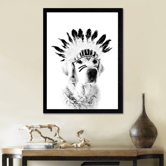 Indian Dog Pet Canvas Farmhouse Textured Wall Art in Black and White for Kids Room Clearhalo 'Art Gallery' 'Canvas Art' 'Country Art Gallery' 'French Country' 'Rustic' Arts' 1616834