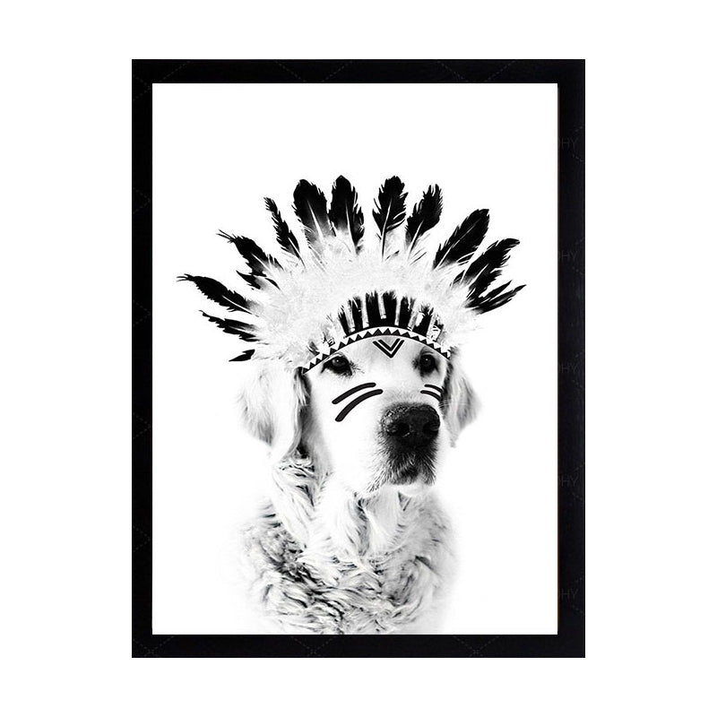 Indian Dog Pet Canvas Farmhouse Textured Wall Art in Black and White for Kids Room Clearhalo 'Art Gallery' 'Canvas Art' 'Country Art Gallery' 'French Country' 'Rustic' Arts' 1616835
