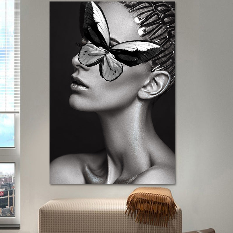 Glam Woman Figure Wall Art Dark Color Textured Surface Canvas Print for House Interior Grey Clearhalo 'Arts' 'Canvas Art' 1616867