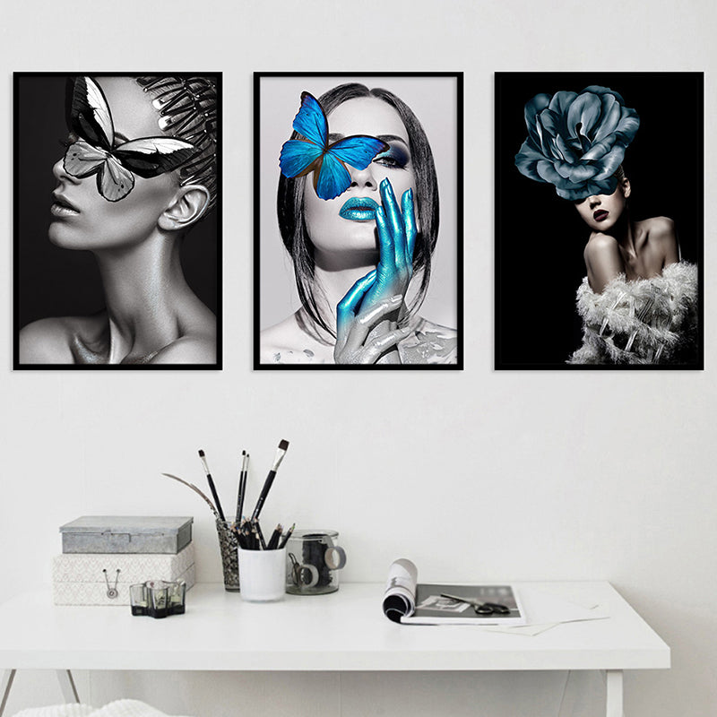 Glam vrouw figuur muur kunst donkere kleur gestructureerde oppervlakte canvas print voor huis interieur
