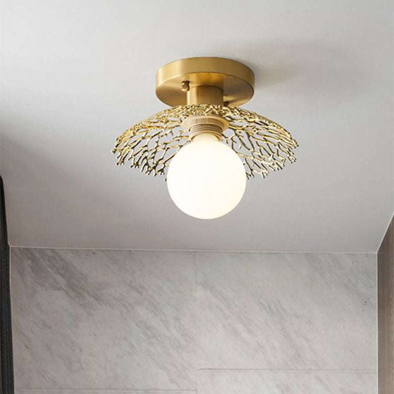 Cottage Cage Design Flush Lamp Single Head Metallic Semi Flush Ceiling Light in Brass