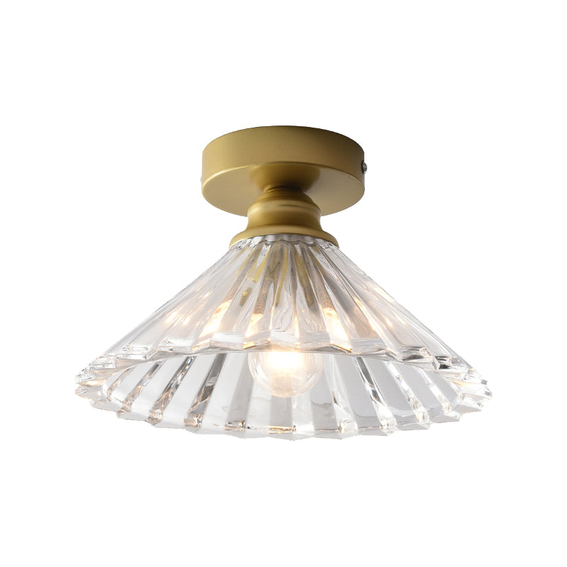 Traditional Tapered Ceiling Light Single Head Clear Ridged Glass Flush Mount Lamp in Brass Clearhalo 'Ceiling Lights' 'Close To Ceiling Lights' 'Close to ceiling' 'Flush mount' Lighting' 1616894
