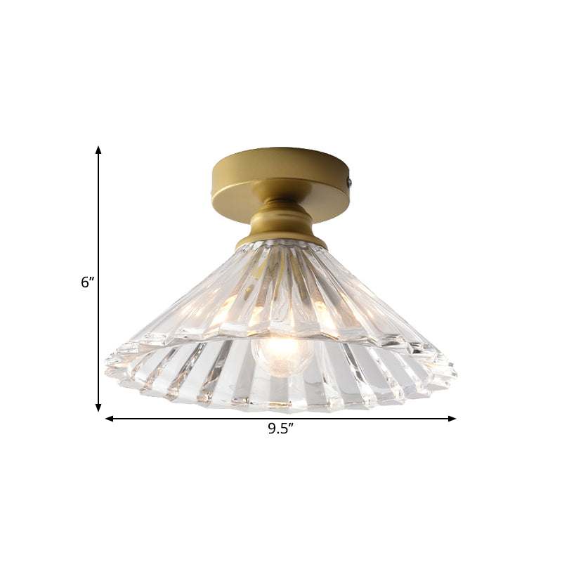 Traditional Tapered Ceiling Light Single Head Clear Ridged Glass Flush Mount Lamp in Brass Clearhalo 'Ceiling Lights' 'Close To Ceiling Lights' 'Close to ceiling' 'Flush mount' Lighting' 1616895