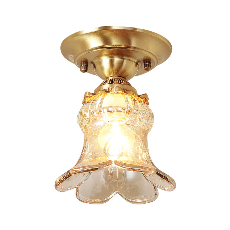 Amber Glass Brass Flush Mount Lamp Flower Single Light Retro Style Ceiling Fixture Clearhalo 'Ceiling Lights' 'Close To Ceiling Lights' 'Close to ceiling' 'Flush mount' Lighting' 1616898