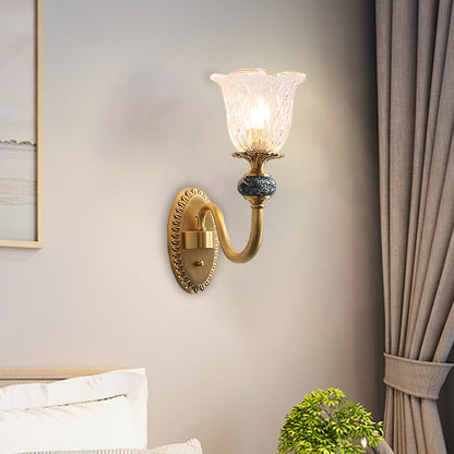 Floral Dining Room Wall Sconce Farmhouse Clear Ribbed Glass 6"/17" W 2 Lights Brass Wall Mounted Lighting Brass 6" Clearhalo 'Wall Lamps & Sconces' 'Wall Lights' Lighting' 1616909