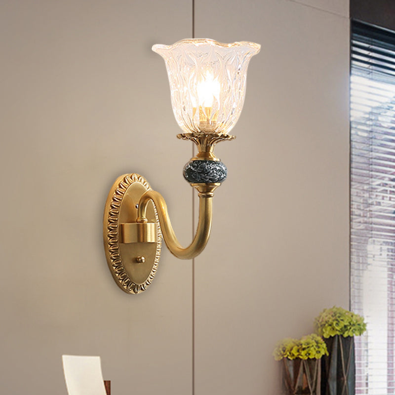 Floral Dining Room Wall Sconce Farmhouse Clear Ribbed Glass 6"/17" W 2 Lights Brass Wall Mounted Lighting Clearhalo 'Wall Lamps & Sconces' 'Wall Lights' Lighting' 1616910