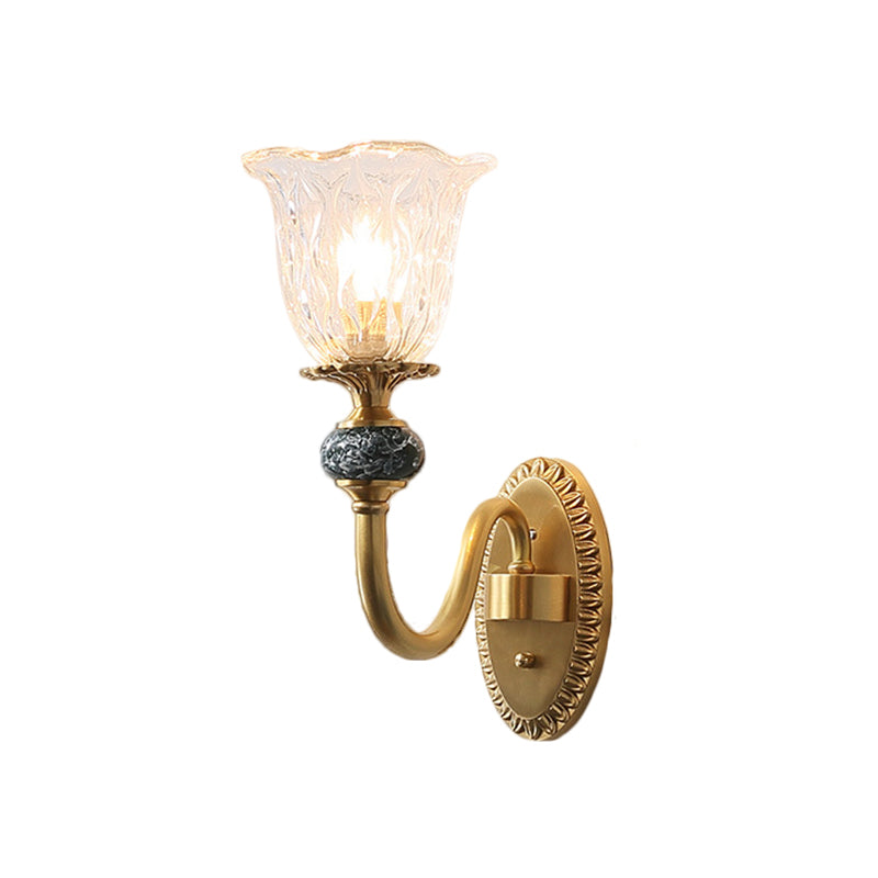 Floral Dining Room Wall Sconce Farmhouse Clear Ribbed Glass 6"/17" W 2 Lights Brass Wall Mounted Lighting Clearhalo 'Wall Lamps & Sconces' 'Wall Lights' Lighting' 1616911
