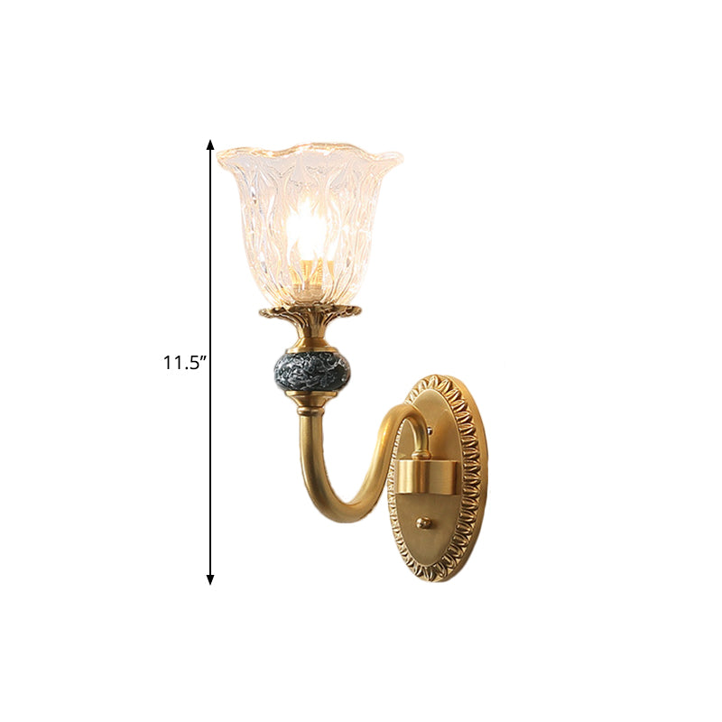 Floral Dining Room Wall Sconce Farmhouse Clear Ribbed Glass 6"/17" W 2 Lights Brass Wall Mounted Lighting Clearhalo 'Wall Lamps & Sconces' 'Wall Lights' Lighting' 1616912