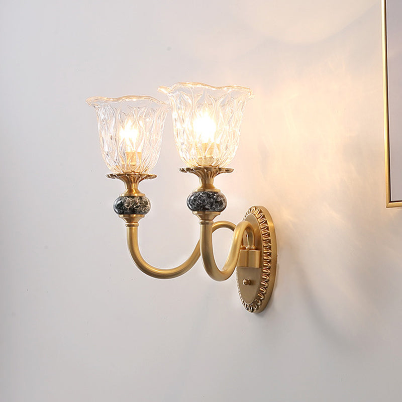 Floral Dining Room Wall Sconce Farmhouse Clear Ribbed Glass 6"/17" W 2 Lights Brass Wall Mounted Lighting Brass 17" Clearhalo 'Wall Lamps & Sconces' 'Wall Lights' Lighting' 1616913