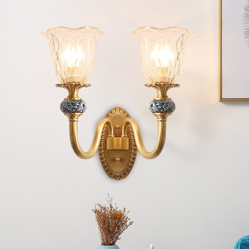 Floral Dining Room Wall Sconce Farmhouse Clear Ribbed Glass 6"/17" W 2 Lights Brass Wall Mounted Lighting Clearhalo 'Wall Lamps & Sconces' 'Wall Lights' Lighting' 1616914