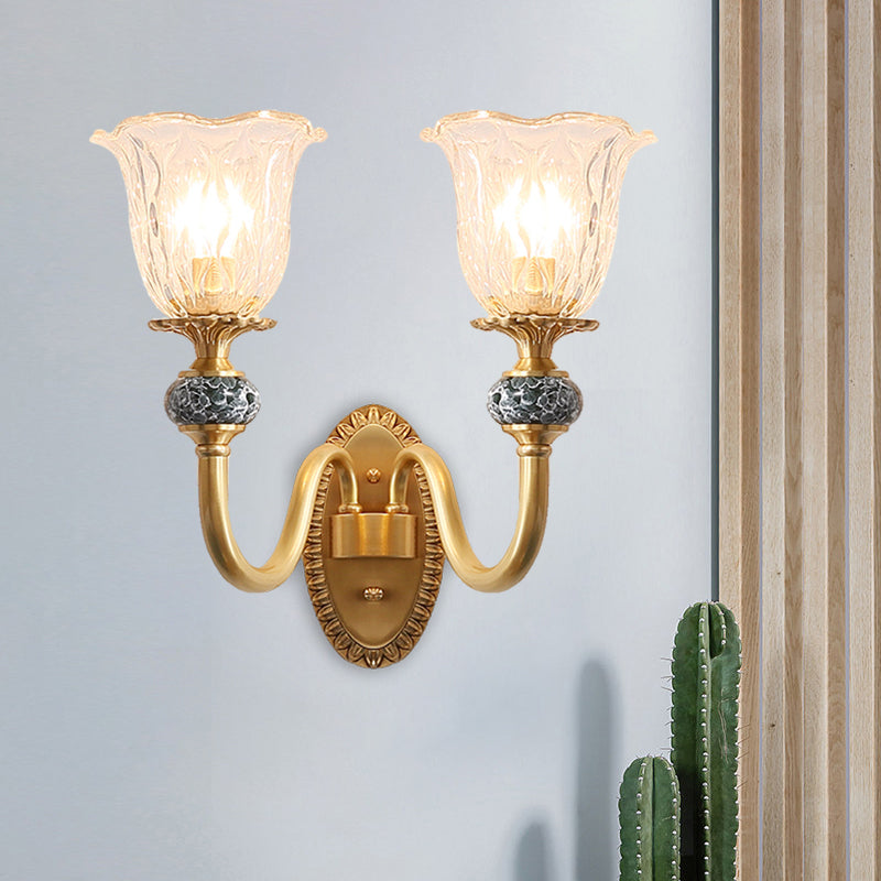 Floral Dining Room Wall Sconce Farmhouse Clear Ribbed Glass 6"/17" W 2 Lights Brass Wall Mounted Lighting Clearhalo 'Wall Lamps & Sconces' 'Wall Lights' Lighting' 1616915
