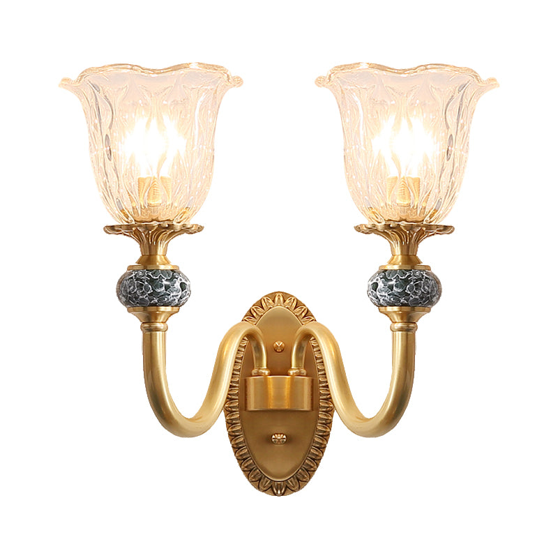 Floral Dining Room Wall Sconce Farmhouse Clear Ribbed Glass 6"/17" W 2 Lights Brass Wall Mounted Lighting Clearhalo 'Wall Lamps & Sconces' 'Wall Lights' Lighting' 1616916