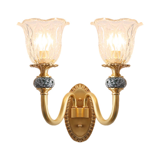 Floral Dining Room Wall Sconce Farmhouse Clear Ribbed Glass 6"/17" W 2 Lights Brass Wall Mounted Lighting Clearhalo 'Wall Lamps & Sconces' 'Wall Lights' Lighting' 1616916