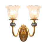 Floral Dining Room Wall Sconce Farmhouse Clear Ribbed Glass 6"/17" W 2 Lights Brass Wall Mounted Lighting Clearhalo 'Wall Lamps & Sconces' 'Wall Lights' Lighting' 1616916