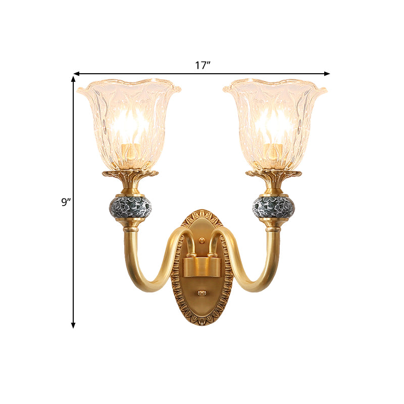 Floral Dining Room Wall Sconce Farmhouse Clear Ribbed Glass 6"/17" W 2 Lights Brass Wall Mounted Lighting Clearhalo 'Wall Lamps & Sconces' 'Wall Lights' Lighting' 1616917