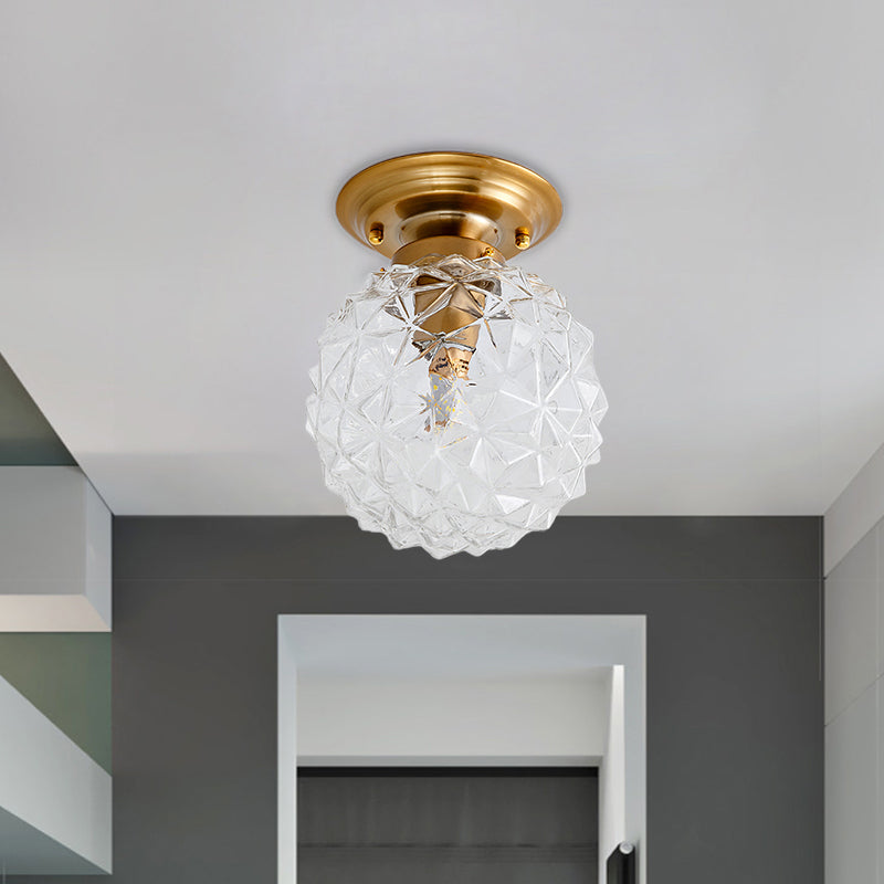 Pine Cone Hallway Ceiling Lamp Countryside Blue/Clear/Smoke Gray Prismatic Glass 1-Head Brass Flush Mount Light - Clear - Clearhalo - 'Ceiling Lights' - 'Close To Ceiling Lights' - 'Close to ceiling' - 'Flush mount' - Lighting' - 1616939