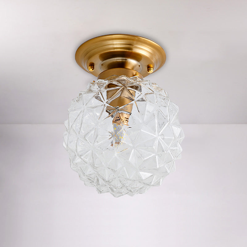 Pine Cone Hallway Ceiling Lamp Countryside Blue/Clear/Smoke Gray Prismatic Glass 1-Head Brass Flush Mount Light - Clearhalo - 'Ceiling Lights' - 'Close To Ceiling Lights' - 'Close to ceiling' - 'Flush mount' - Lighting' - 1616940