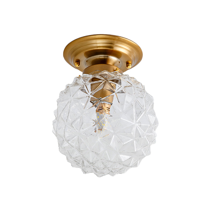 Pine Cone Hallway Ceiling Lamp Countryside Blue/Clear/Smoke Gray Prismatic Glass 1-Head Brass Flush Mount Light - Clearhalo - 'Ceiling Lights' - 'Close To Ceiling Lights' - 'Close to ceiling' - 'Flush mount' - Lighting' - 1616941