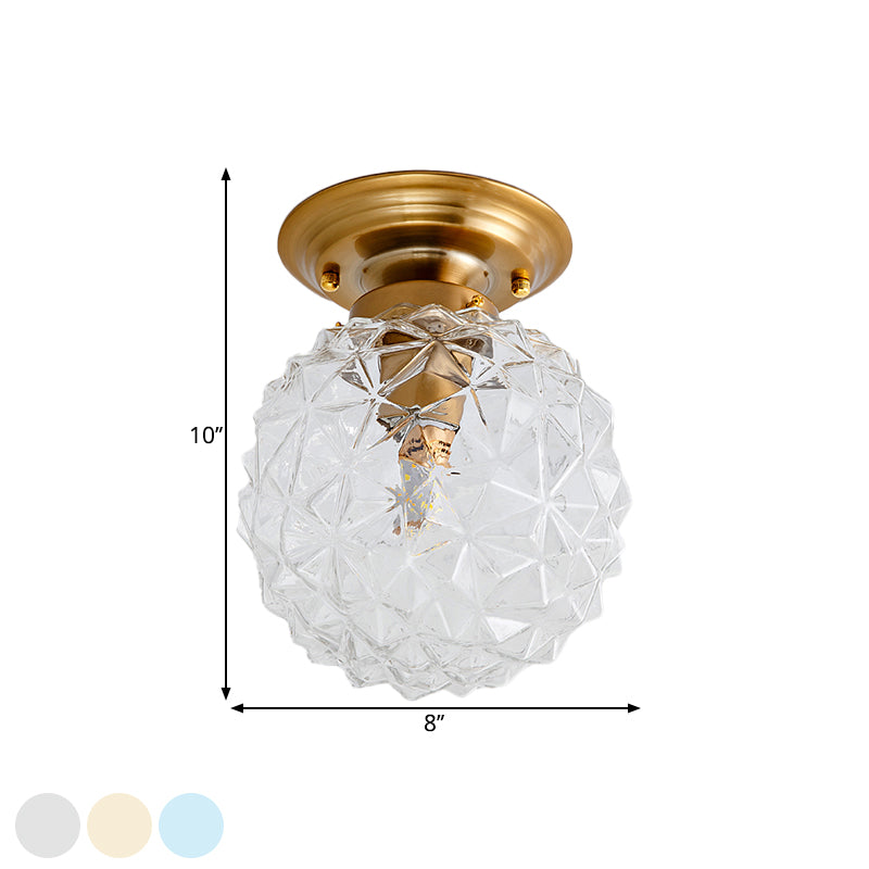 Pine Cone Hallway Ceiling Lamp Countryside Blue/Clear/Smoke Gray Prismatic Glass 1-Head Brass Flush Mount Light - Clearhalo - 'Ceiling Lights' - 'Close To Ceiling Lights' - 'Close to ceiling' - 'Flush mount' - Lighting' - 1616942