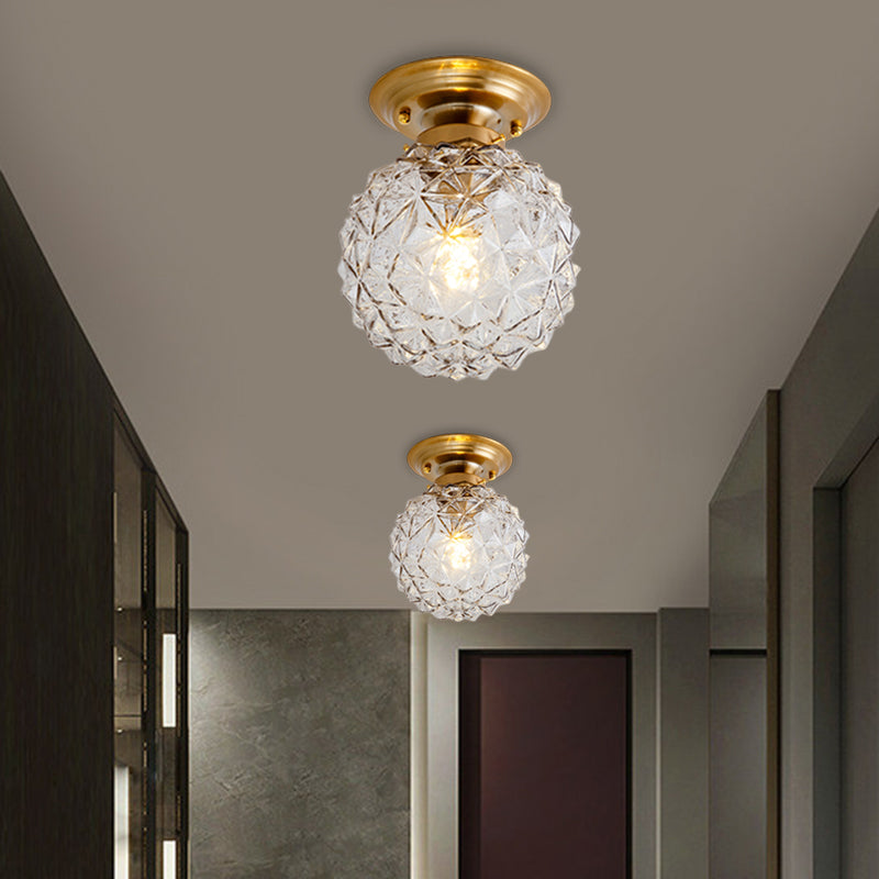 Pine Cone Hallway Ceiling Lamp Countryside Blue/Clear/Smoke Gray Prismatic Glass 1-Head Brass Flush Mount Light - Clearhalo - 'Ceiling Lights' - 'Close To Ceiling Lights' - 'Close to ceiling' - 'Flush mount' - Lighting' - 1616944