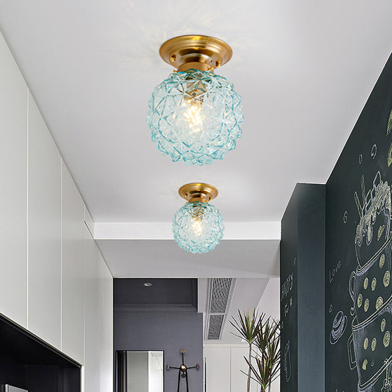 Pine Cone Hallway Ceiling Lamp Countryside Blue/Clear/Smoke Gray Prismatic Glass 1-Head Brass Flush Mount Light - Blue - Clearhalo - 'Ceiling Lights' - 'Close To Ceiling Lights' - 'Close to ceiling' - 'Flush mount' - Lighting' - 1616947