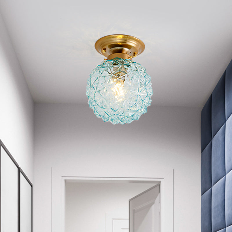 Pine Cone Hallway Ceiling Lamp Countryside Blue/Clear/Smoke Gray Prismatic Glass 1-Head Brass Flush Mount Light - Clearhalo - 'Ceiling Lights' - 'Close To Ceiling Lights' - 'Close to ceiling' - 'Flush mount' - Lighting' - 1616948