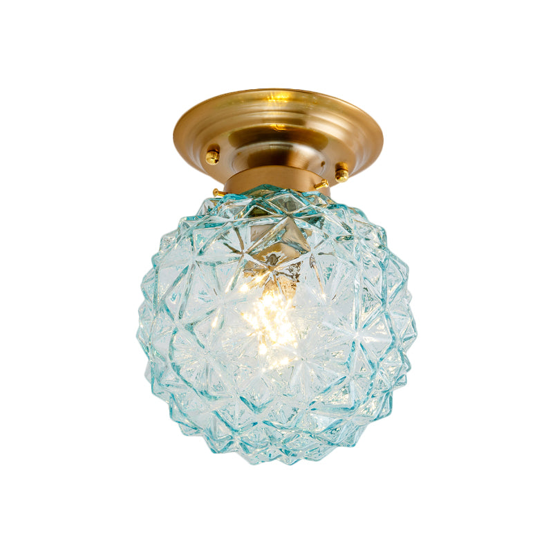 Pine Cone Hallway Ceiling Lamp Countryside Blue/Clear/Smoke Gray Prismatic Glass 1-Head Brass Flush Mount Light - Clearhalo - 'Ceiling Lights' - 'Close To Ceiling Lights' - 'Close to ceiling' - 'Flush mount' - Lighting' - 1616949