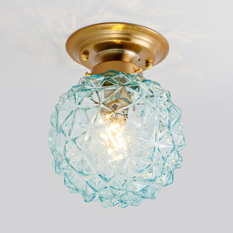Pine Cone Hallway Ceiling Lamp Countryside Blue/Clear/Smoke Gray Prismatic Glass 1-Head Brass Flush Mount Light - Clearhalo - 'Ceiling Lights' - 'Close To Ceiling Lights' - 'Close to ceiling' - 'Flush mount' - Lighting' - 1616950