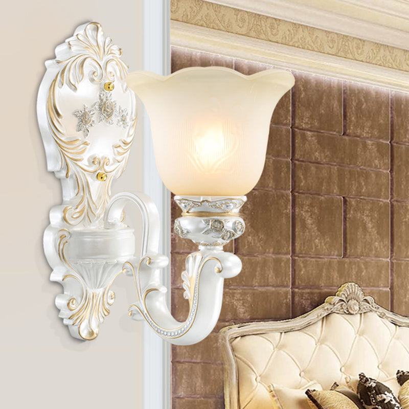 Cream Glass White Wall Light Floral 1/2-Head Cottage Wall Sconce Lighting with Swooping Arm 1.0 White Clearhalo 'Wall Lamps & Sconces' 'Wall Lights' Lighting' 1616951