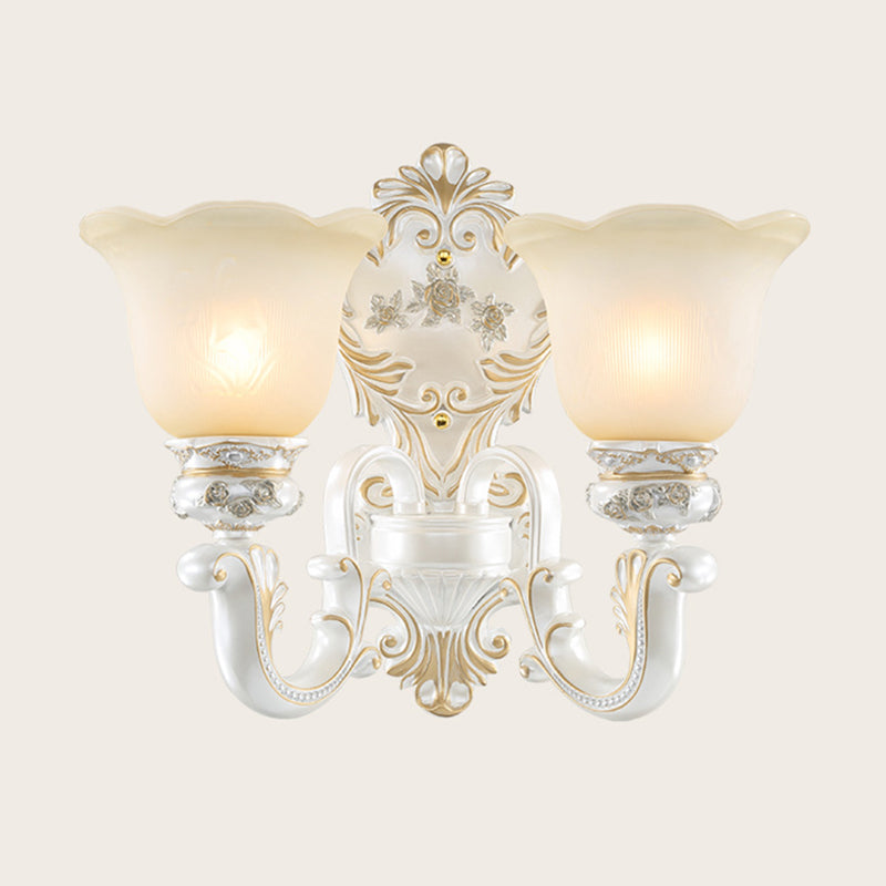 Cream Glass White Wall Light Floral 1/2-Head Cottage Wall Sconce Lighting with Swooping Arm Clearhalo 'Wall Lamps & Sconces' 'Wall Lights' Lighting' 1616958