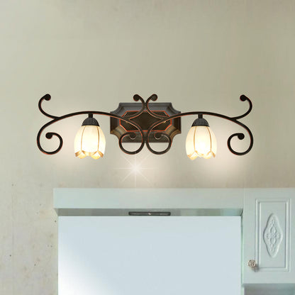 Frosted Glass Blossom Vanity Lamp Antiqued 2/3 Heads Bathroom Twig Design Wall Mounted Lighting in Red Brown 2.0 Red Brown Clearhalo 'Vanity Lights' 'Wall Lights' Lighting' 1616960
