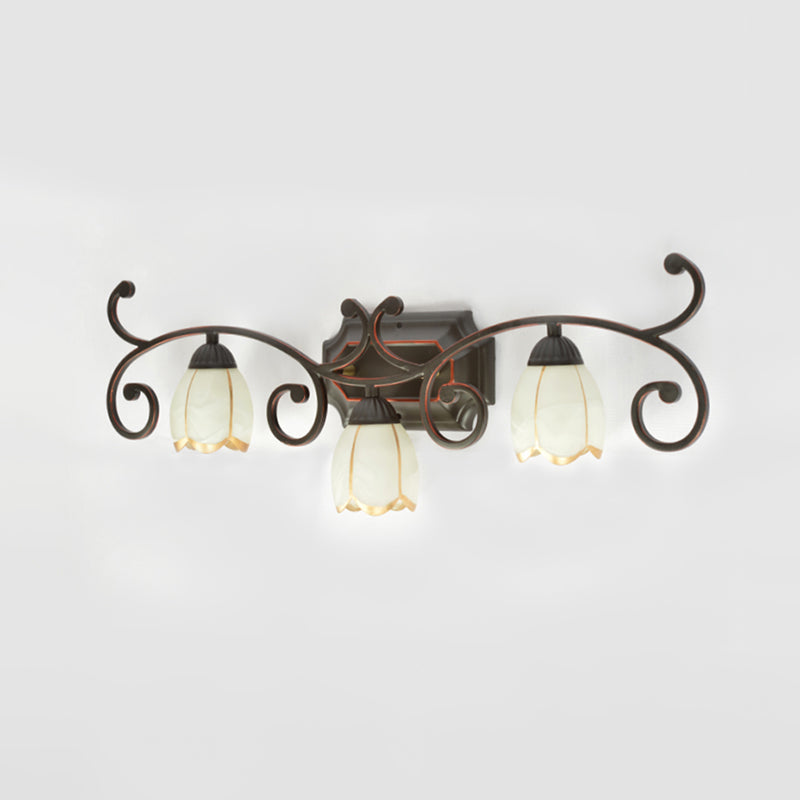 Frosted Glass Blossom Vanity Lamp Antiqued 2/3 Heads Bathroom Twig Design Wall Mounted Lighting in Red Brown Clearhalo 'Vanity Lights' 'Wall Lights' Lighting' 1616967