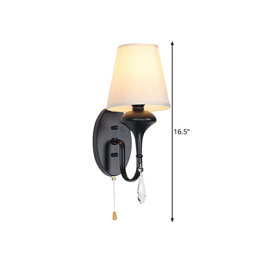 Farmhouse Conical Wall Mount Light 1 Bulb Fabric Crystal Drop Wall Lighting Idea with Pull Chain in Black Clearhalo 'Wall Lamps & Sconces' 'Wall Lights' Lighting' 1616980