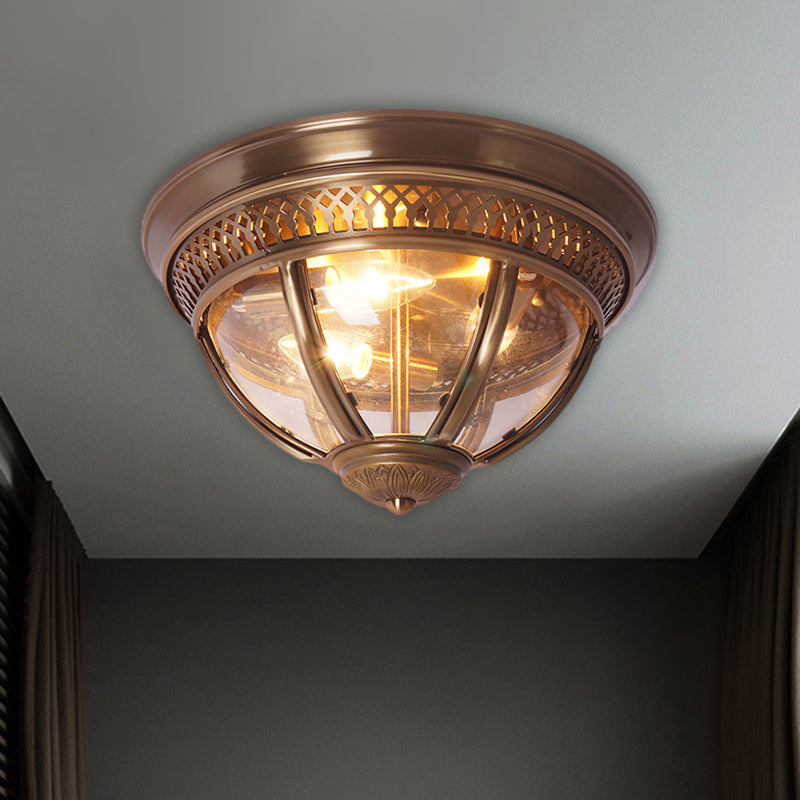Antiqued Domed Semi Flush Lamp 1-Light Clear Glass Flush Mount Lighting with Pierced Trim Design in Brass/Brown Clearhalo 'Ceiling Lights' 'Close To Ceiling Lights' 'Close to ceiling' 'Flush mount' Lighting' 1616982