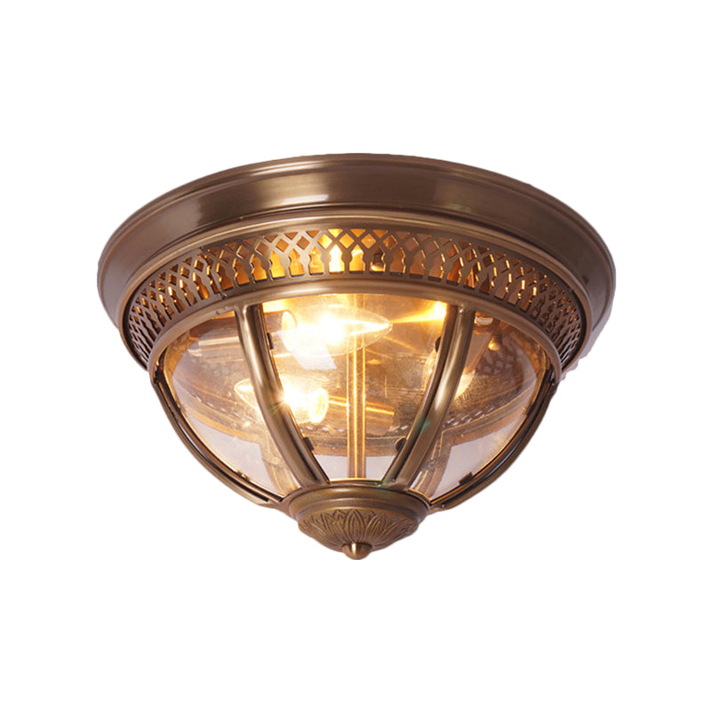 Antiqued Domed Semi Flush Lamp 1-Light Clear Glass Flush Mount Lighting with Pierced Trim Design in Brass/Brown Clearhalo 'Ceiling Lights' 'Close To Ceiling Lights' 'Close to ceiling' 'Flush mount' Lighting' 1616983