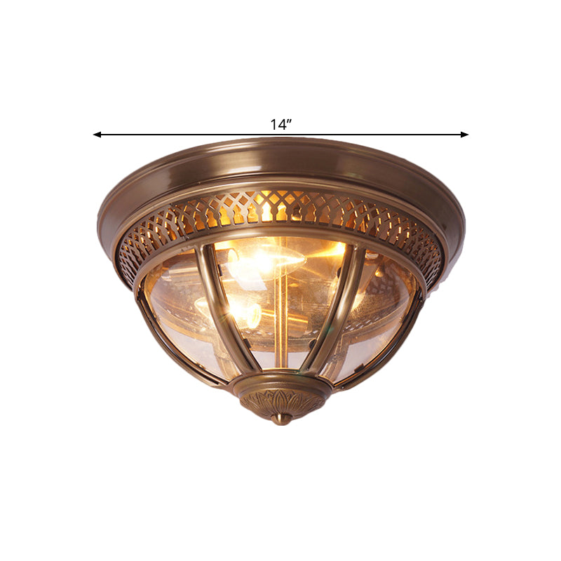 Antiqued Domed Semi Flush Lamp 1-Light Clear Glass Flush Mount Lighting with Pierced Trim Design in Brass/Brown Clearhalo 'Ceiling Lights' 'Close To Ceiling Lights' 'Close to ceiling' 'Flush mount' Lighting' 1616984